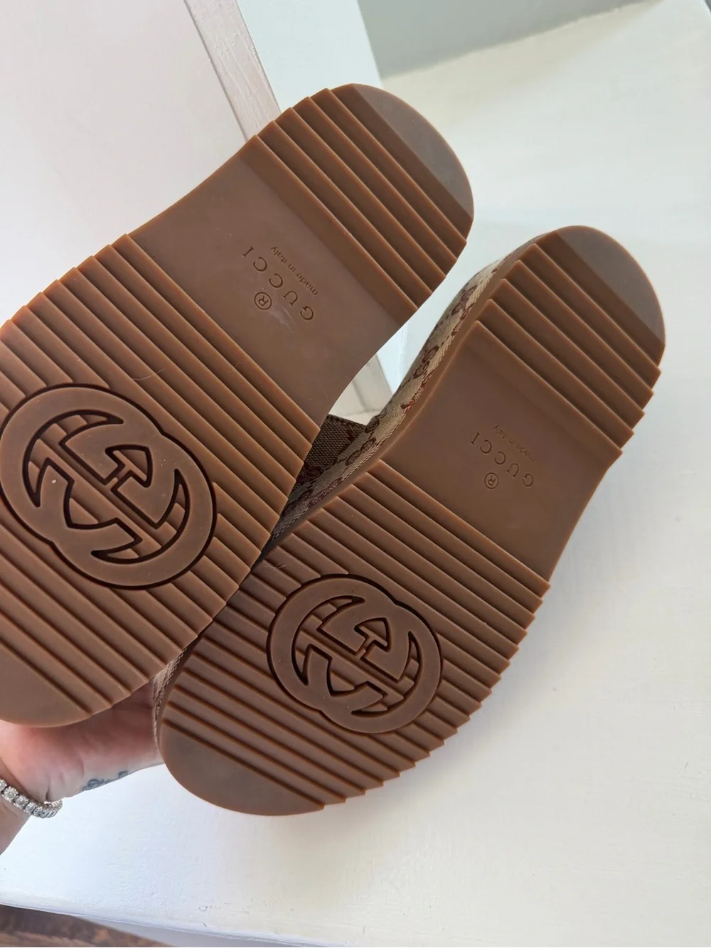 Platform Slide Sandals in Beige Monogram with Burgundy Footbed